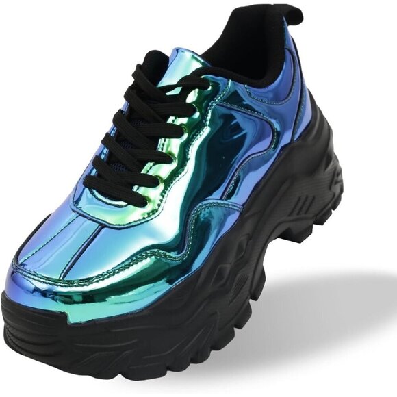 Niluber Tennis Shoes Women Size (6-8) Blue Hologram KPU Chunky Sneakers . - Picture 1 of 7
